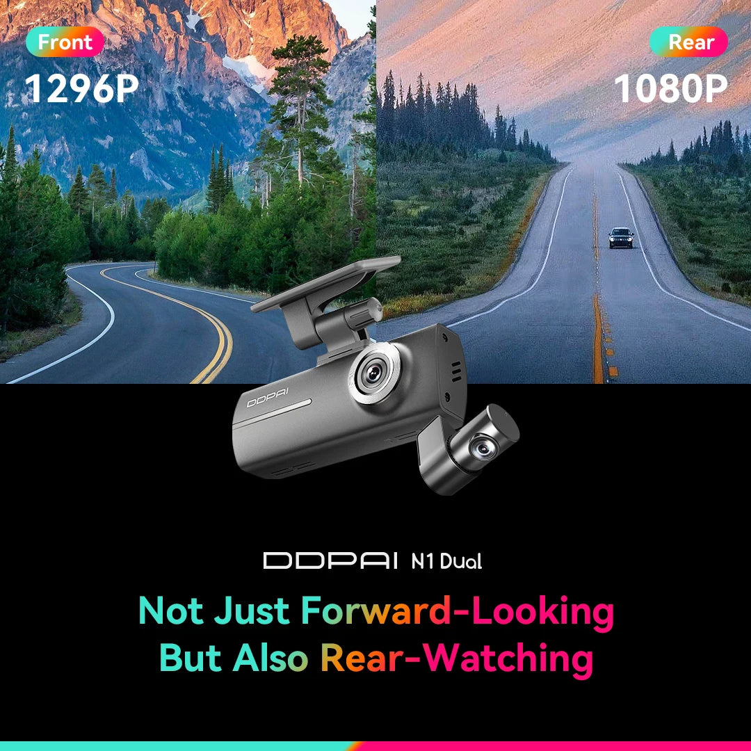 DDPAI N1 Dual Dash Cam - Front & Rear 1296P Night Vision Car DVR with App Control