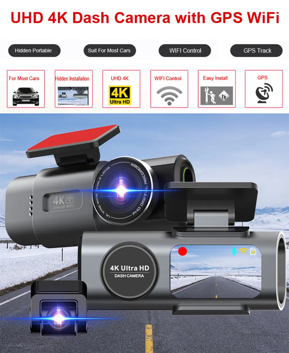 4K UHD Dash Cam - Night Vision Car DVR with Built-In WiFi, GPS & 24H Parking Mode
