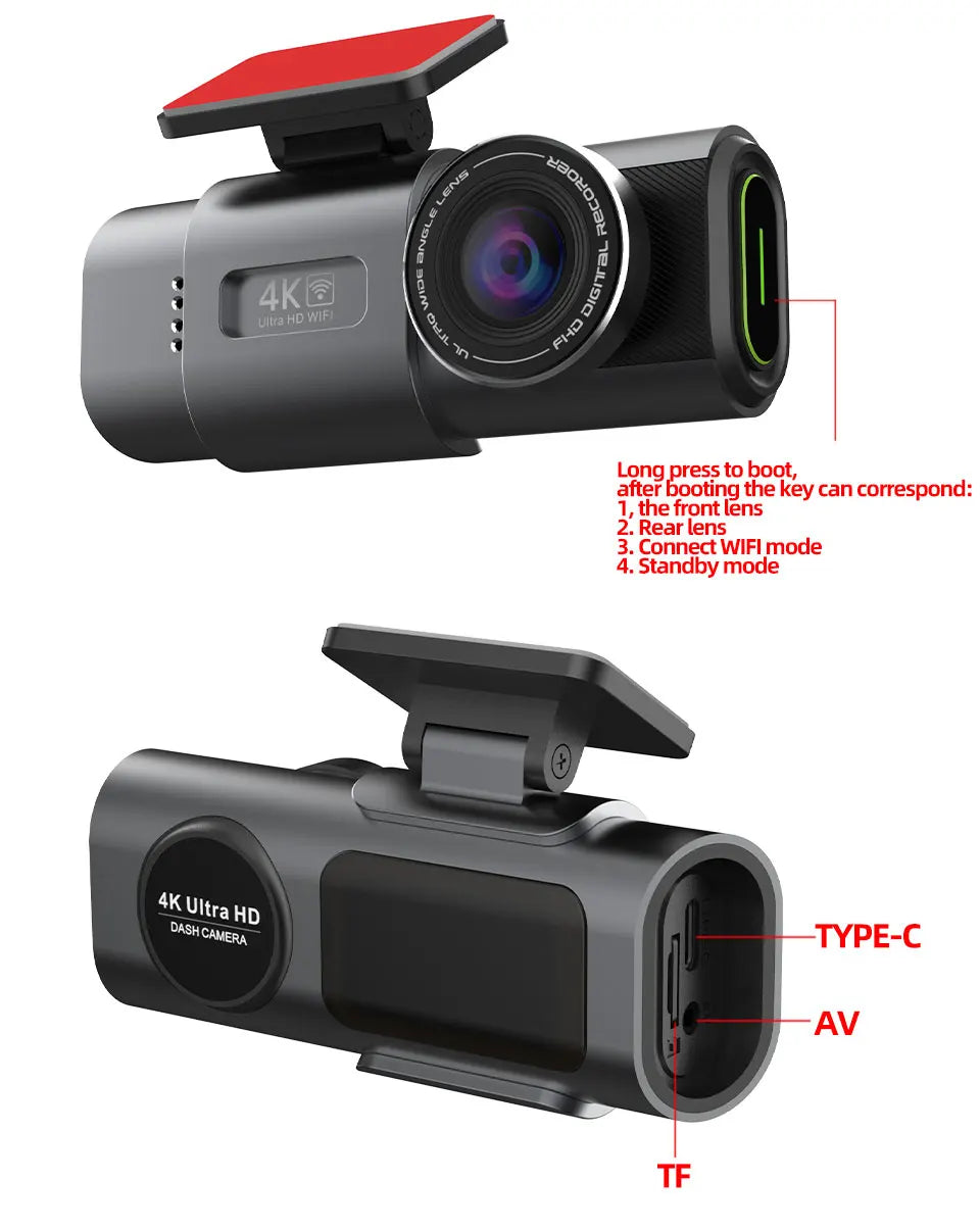 4K UHD Dash Cam - Night Vision Car DVR with Built-In WiFi, GPS & 24H Parking Mode