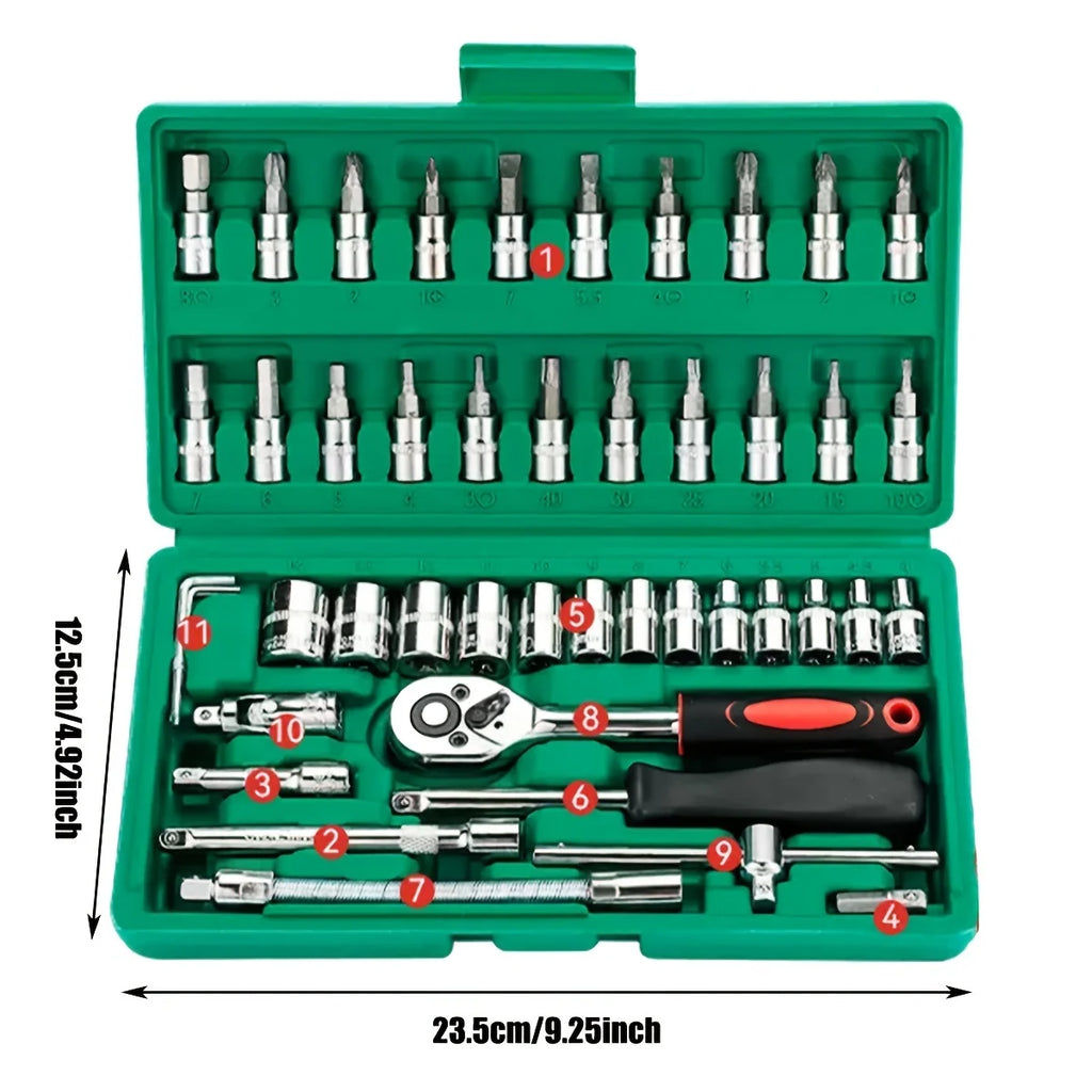 Advanced Car Repair Kit - 46pcs Professional Ratchet Socket Tool Set, Green Toolbox