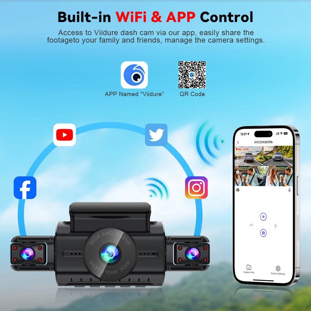 4 Channel WiFi Dash Cam - FHD 1080P Front/Rear/Left/Right Black Box with Night Vision & 24H Parking Mode
