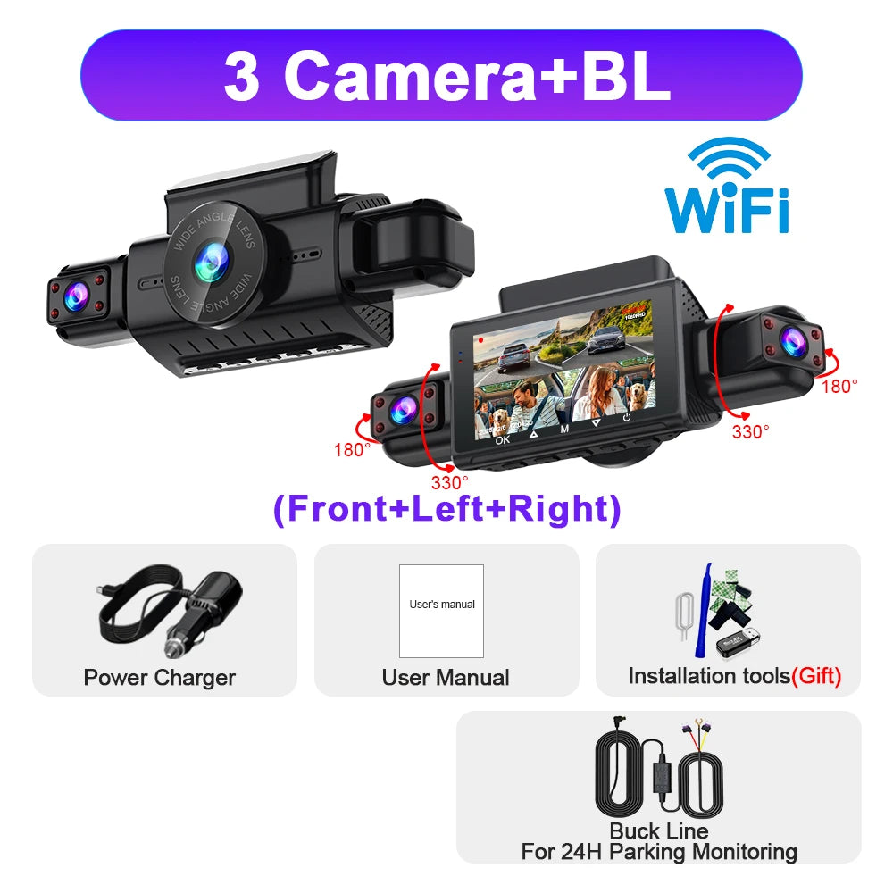 4 Channel WiFi Dash Cam - FHD 1080P Front/Rear/Left/Right Black Box with Night Vision & 24H Parking Mode