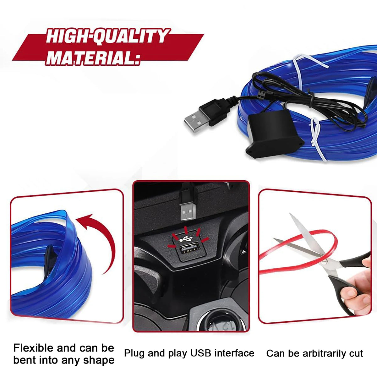 5m Neon EL Wire Car Interior Ambient Lighting Strip – Flexible USB LED Light Kit