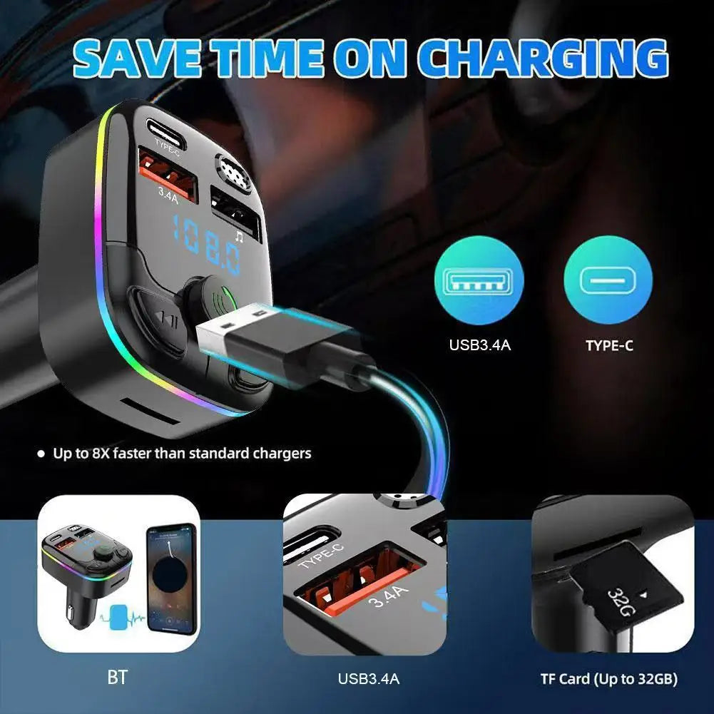 Bluetooth 5.0 FM Transmitter with Hands-Free Calling, PD Type-C Fast Charging & RGB Ambient Light