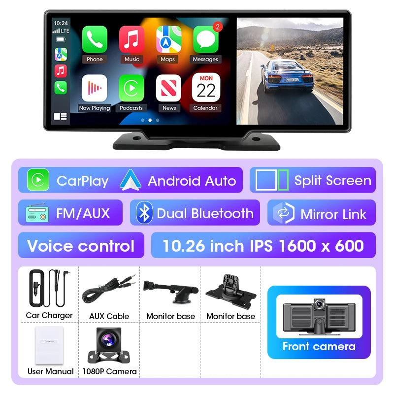 10"/11.26" 4K Dash Cam - Wireless CarPlay & Android Auto GPS Navigation, Dual Lens DVR with WiFi & FM