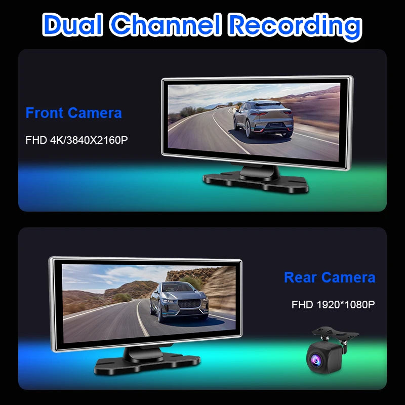 10"/11.26" 4K Dash Cam - Wireless CarPlay & Android Auto GPS Navigation, Dual Lens DVR with WiFi & FM