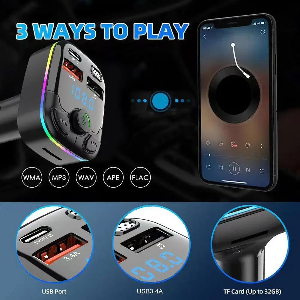 Bluetooth 5.0 FM Transmitter with Hands-Free Calling, PD Type-C Fast Charging & RGB Ambient Light