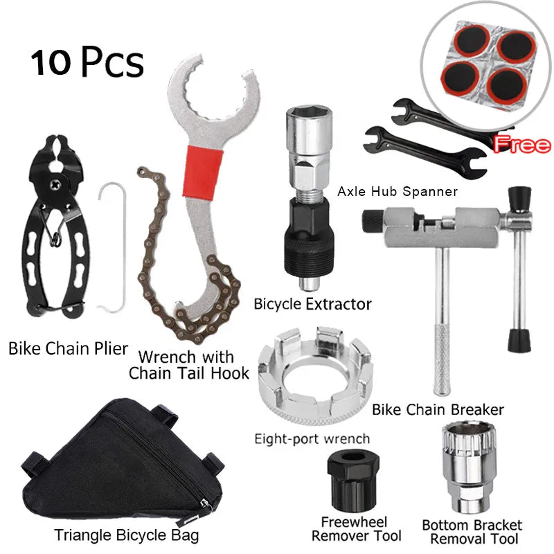 Bicycle Repair Tool Kit - Flywheel Remover, Chain Breaker, Crank Puller & Spoke Wrench for MTB & Road Bike Maintenance
