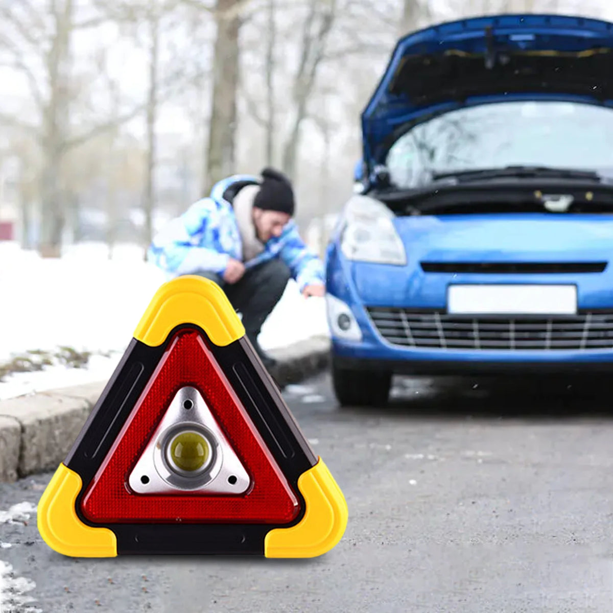 Triangle Warning Sign with LED Work Light - Roadside Safety Alarm