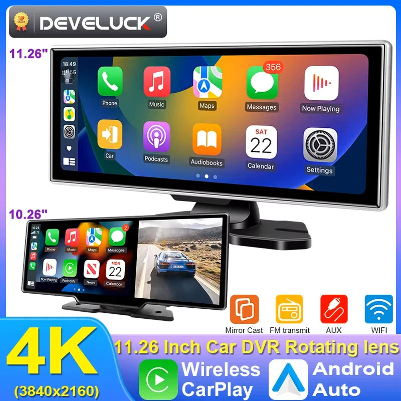 10"/11.26" 4K Dash Cam - Wireless CarPlay & Android Auto GPS Navigation, Dual Lens DVR with WiFi & FM
