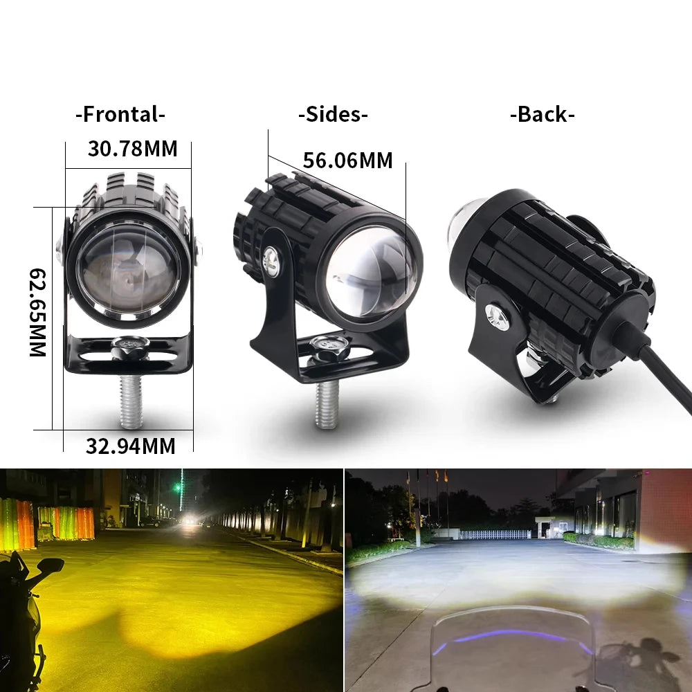 Motorcycle LED Mini Projector Headlight - Dual Color Fog Light Spotlight