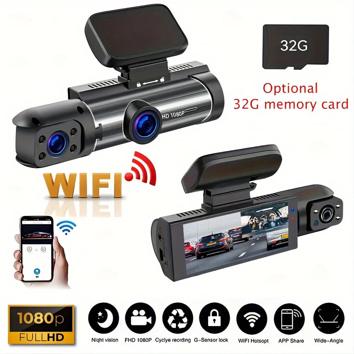 Dual Dash Cam - Front 1080P & Inside 720P with IR Night Vision, Loop Recording & Wide Angle Lens