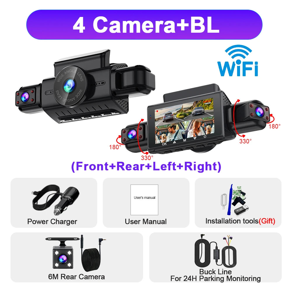 4 Channel WiFi Dash Cam - FHD 1080P Front/Rear/Left/Right Black Box with Night Vision & 24H Parking Mode