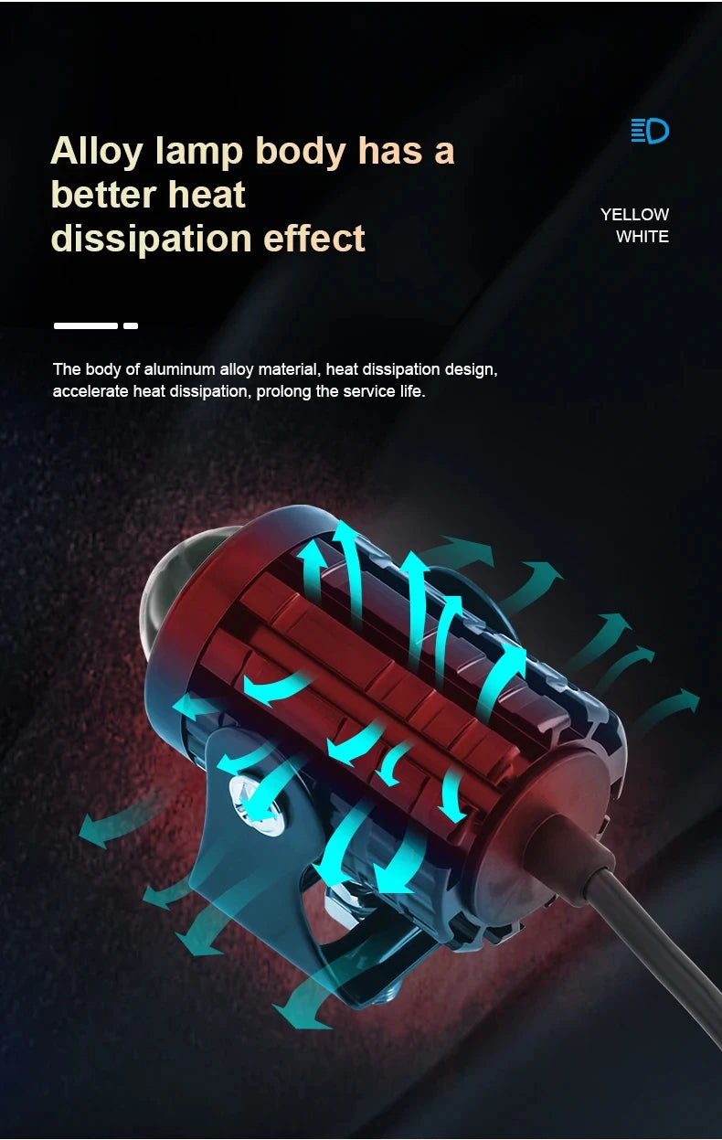 Motorcycle LED Mini Projector Headlight - Dual Color Fog Light Spotlight