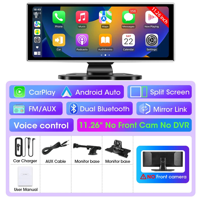 10"/11.26" 4K Dash Cam - Wireless CarPlay & Android Auto GPS Navigation, Dual Lens DVR with WiFi & FM
