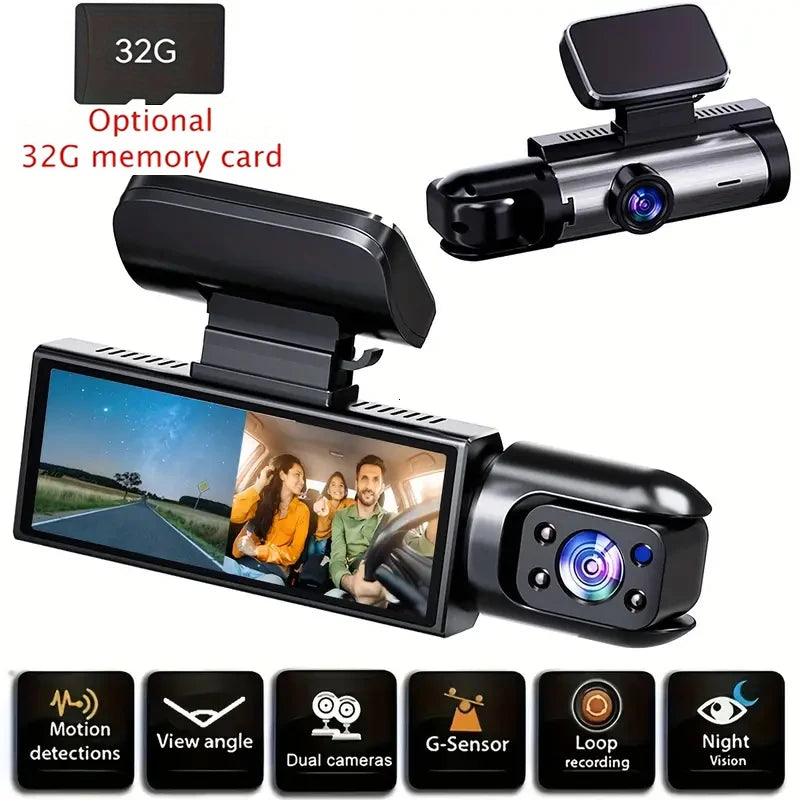 Dual Dash Cam - Front 1080P & Inside 720P with IR Night Vision, Loop Recording & Wide Angle Lens