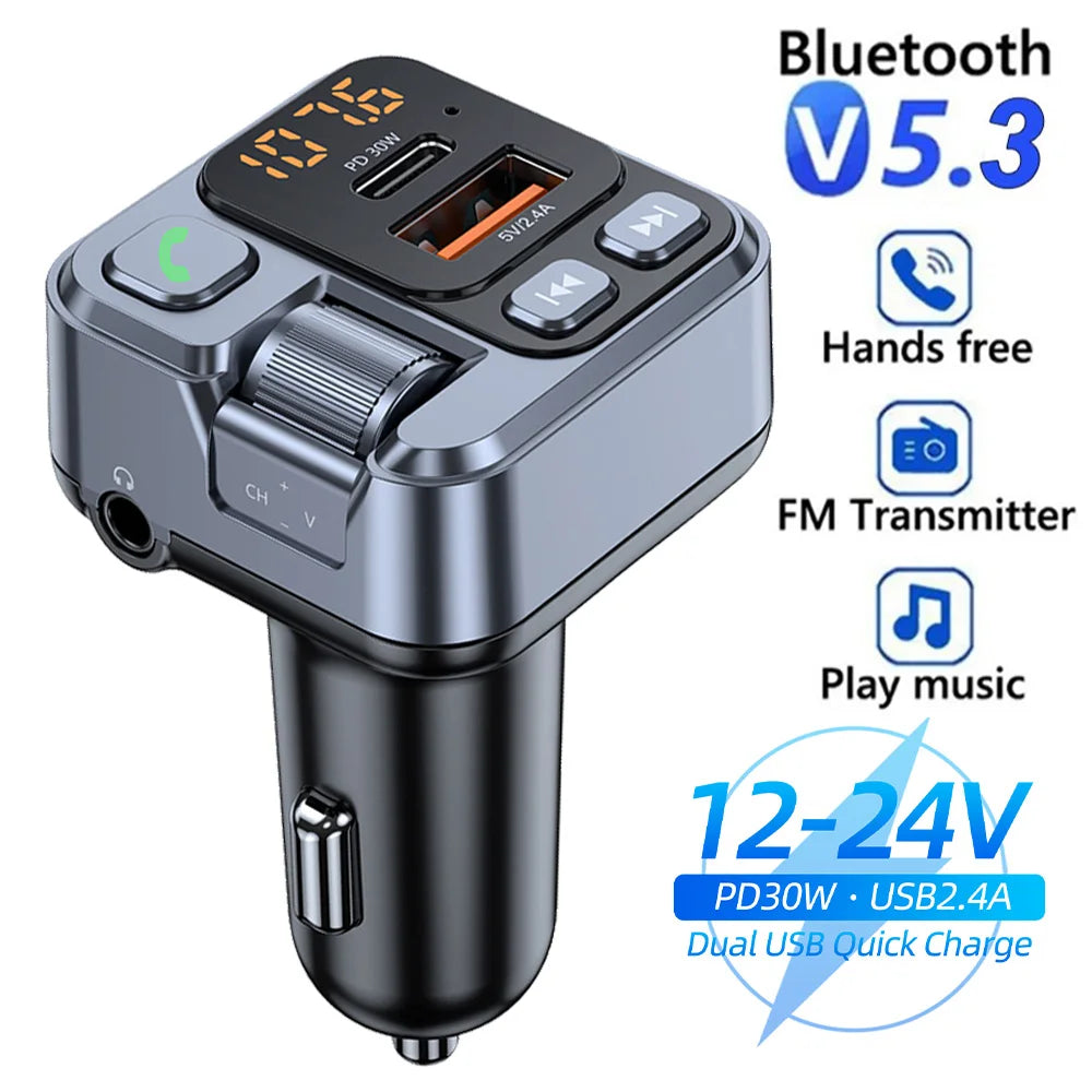 Bluetooth 5.3 FM Transmitter - Car Charger with PD 30W Fast Charging & Digital Display