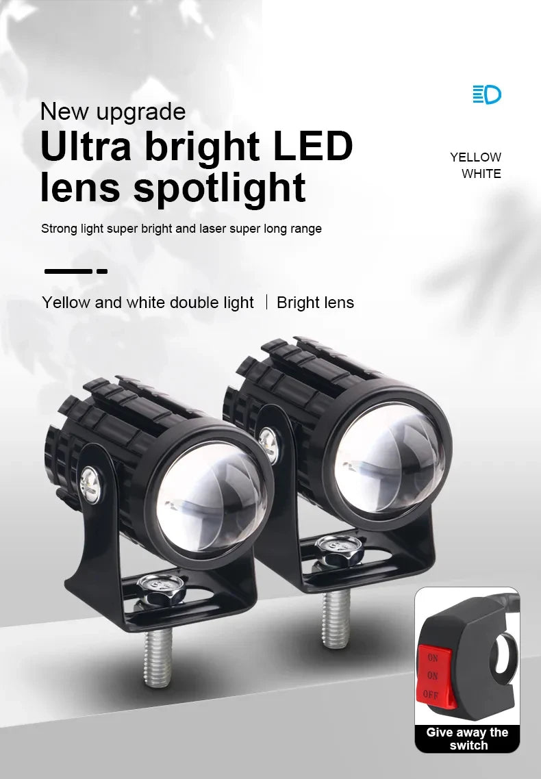 Motorcycle LED Mini Projector Headlight - Dual Color Fog Light Spotlight