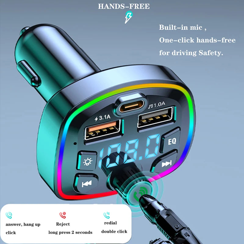 Bluetooth 5.0 FM Transmitter with Hands-Free Mic, Audio Receiver & Dual USB Fast Car Charger