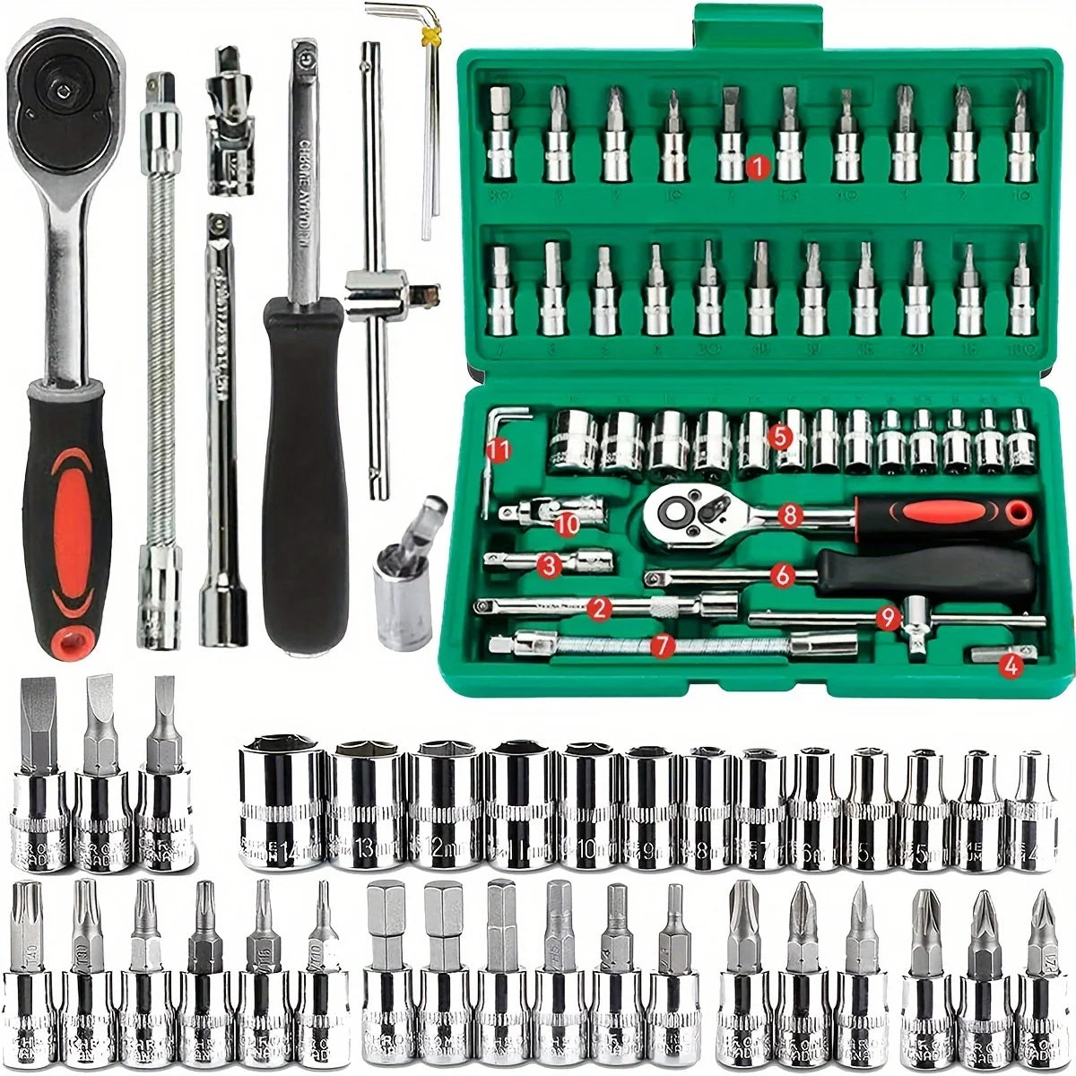 Advanced Car Repair Kit - 46pcs Professional Ratchet Socket Tool Set, Green Toolbox
