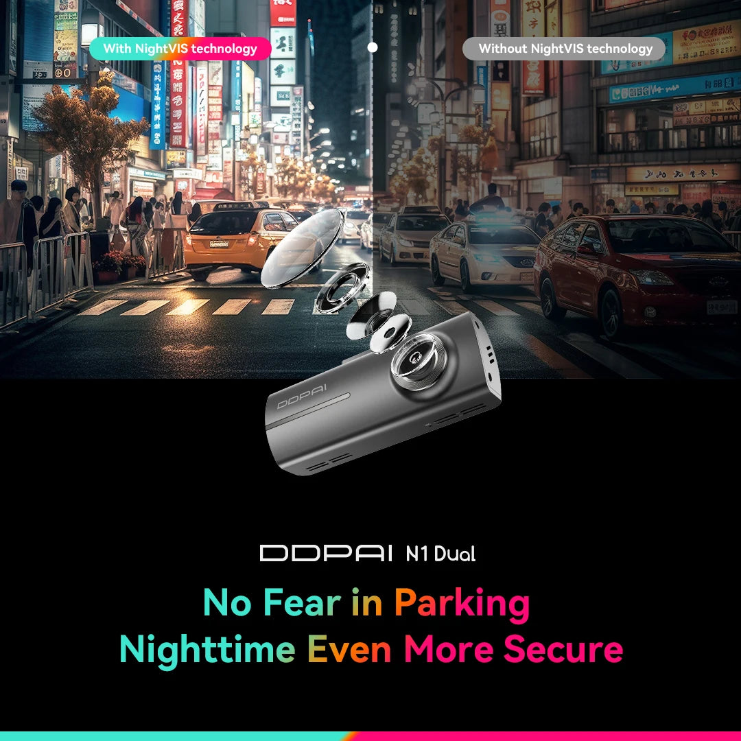 DDPAI N1 Dual Dash Cam - Front & Rear 1296P Night Vision Car DVR with App Control