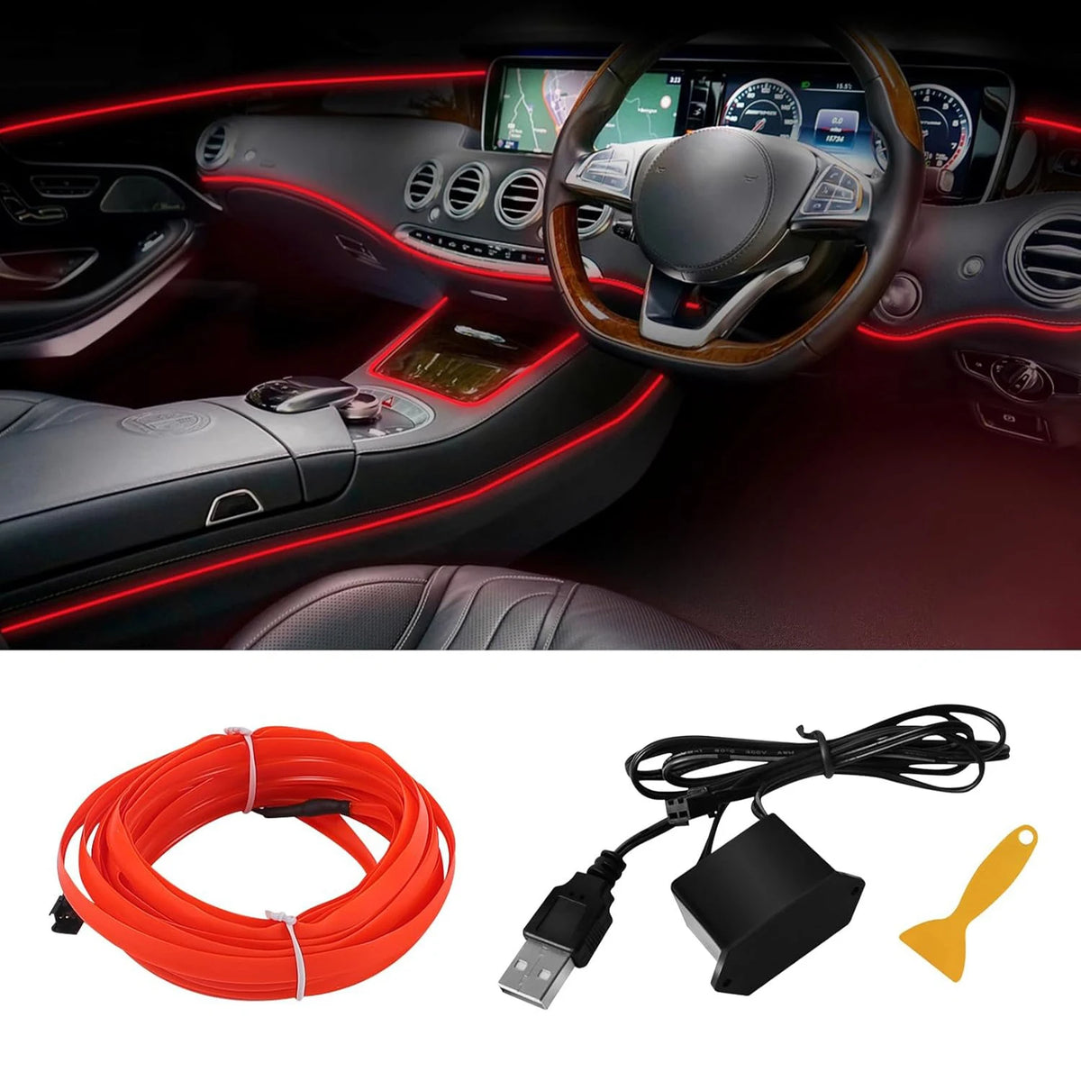 5m Neon EL Wire Car Interior Ambient Lighting Strip – Flexible USB LED Light Kit
