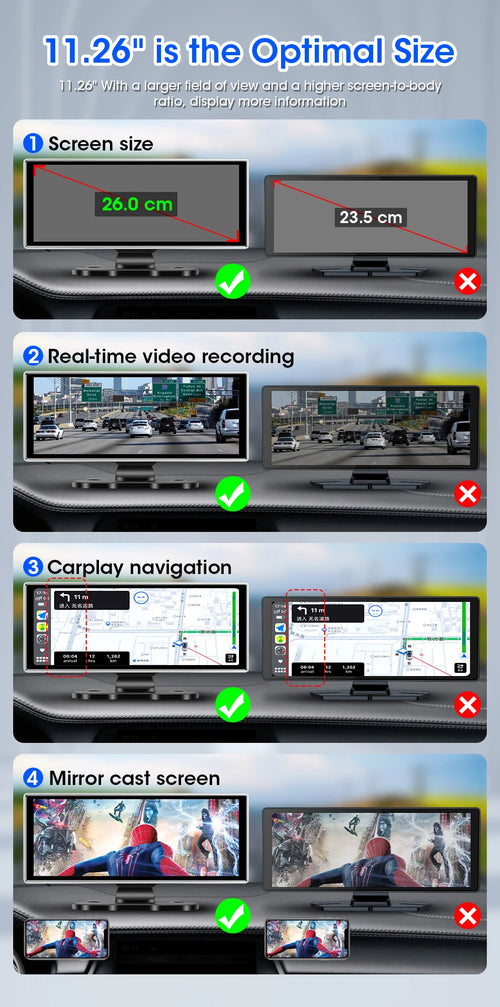 10"/11.26" 4K Dash Cam - Wireless CarPlay & Android Auto GPS Navigation, Dual Lens DVR with WiFi & FM
