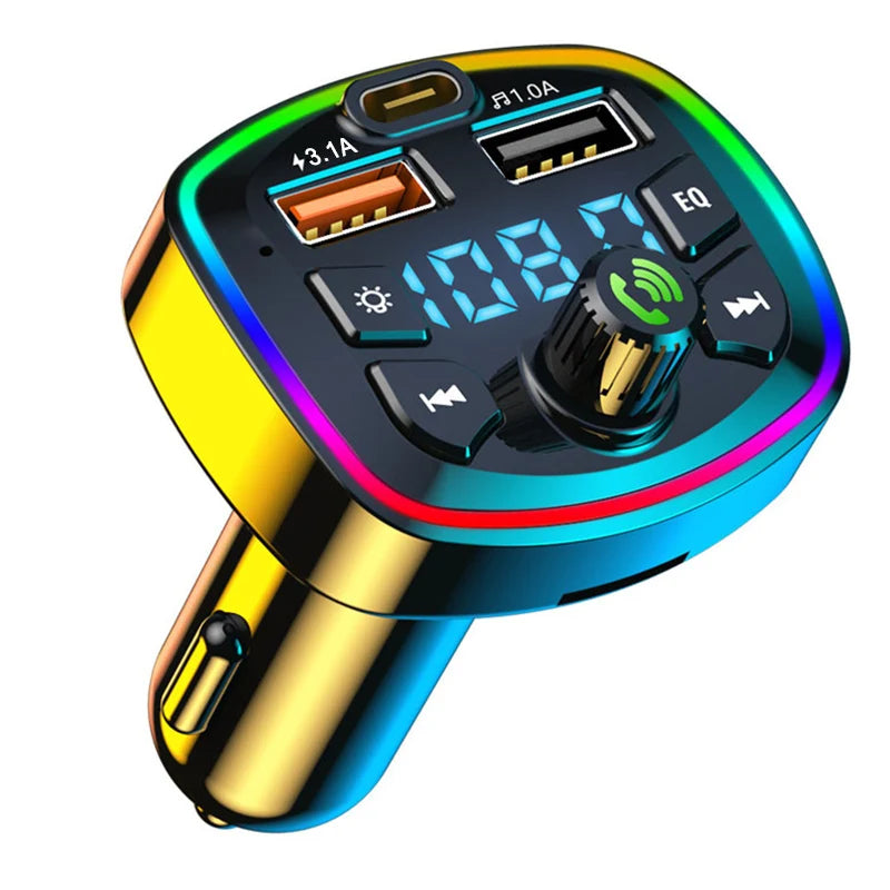 Bluetooth 5.0 FM Transmitter with Hands-Free Mic, Audio Receiver & Dual USB Fast Car Charger