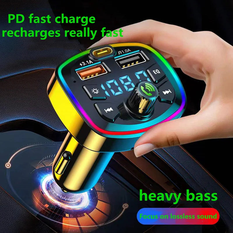 Bluetooth 5.0 FM Transmitter with Hands-Free Mic, Audio Receiver & Dual USB Fast Car Charger