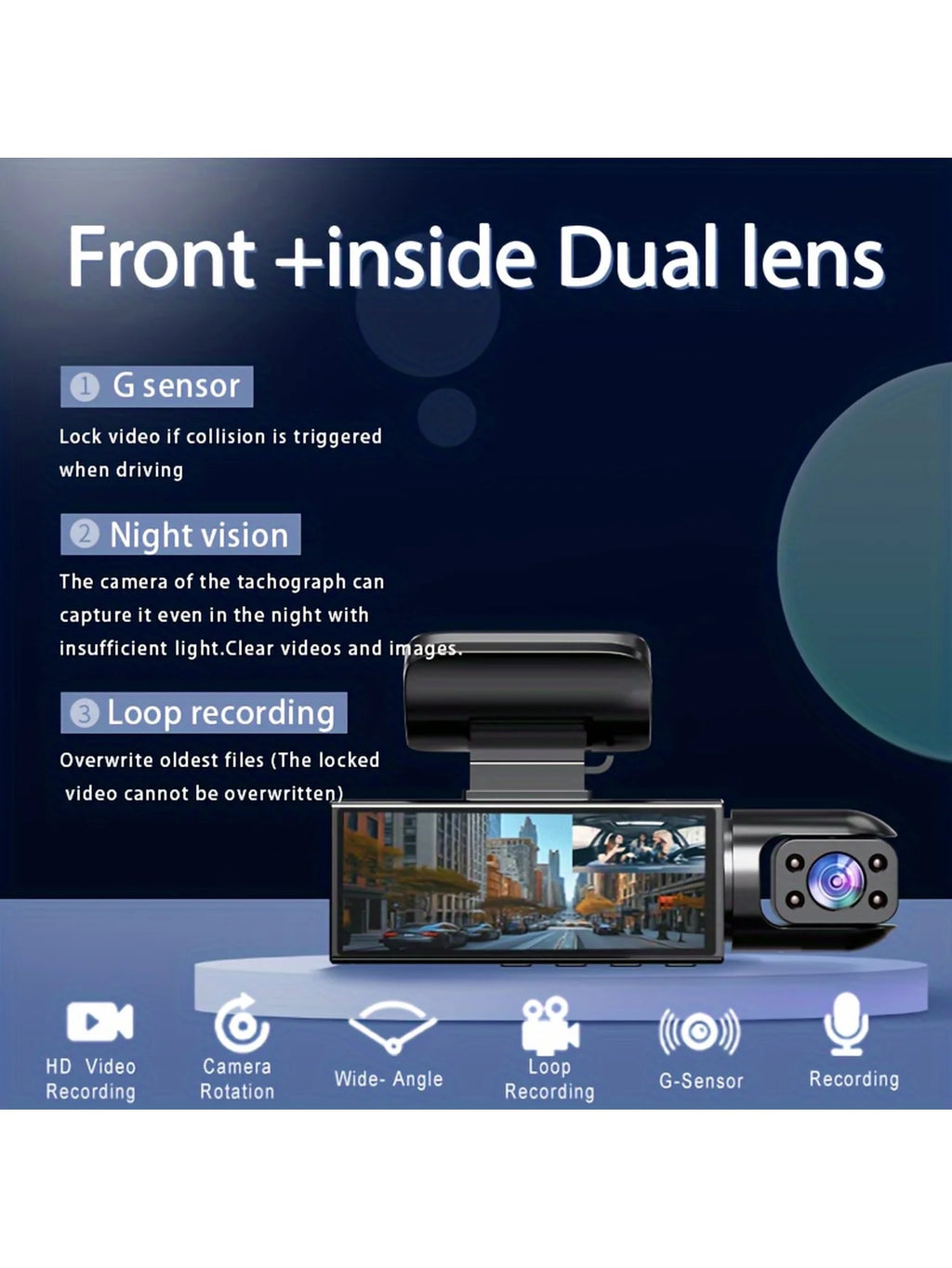 Dual Dash Cam - Front 1080P & Inside 720P with IR Night Vision, Loop Recording & Wide Angle Lens
