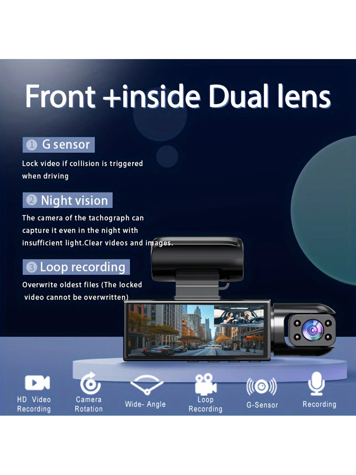 Dual Dash Cam - Front 1080P & Inside 720P with IR Night Vision, Loop Recording & Wide Angle Lens