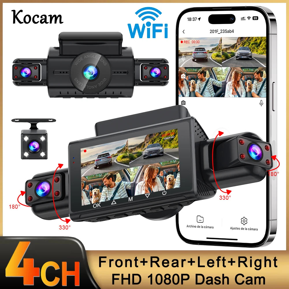 4 Channel WiFi Dash Cam - FHD 1080P Front/Rear/Left/Right Black Box with Night Vision & 24H Parking Mode