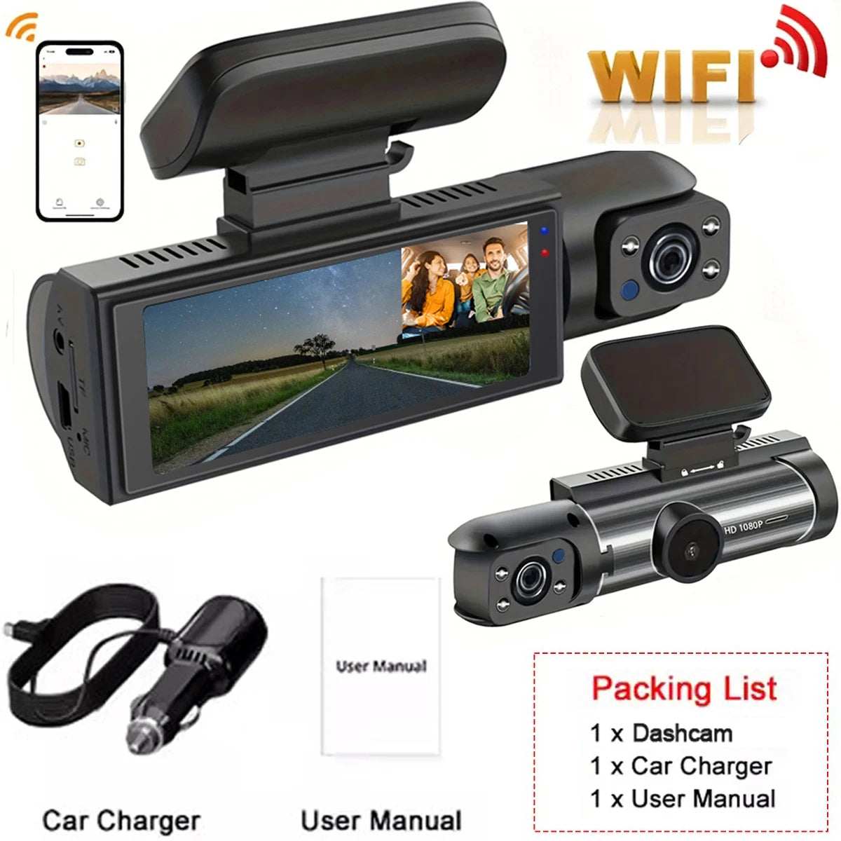 1080P Dual Dash Cam - Front & Inside View Car DVR with WiFi, Loop Recording & App Monitor