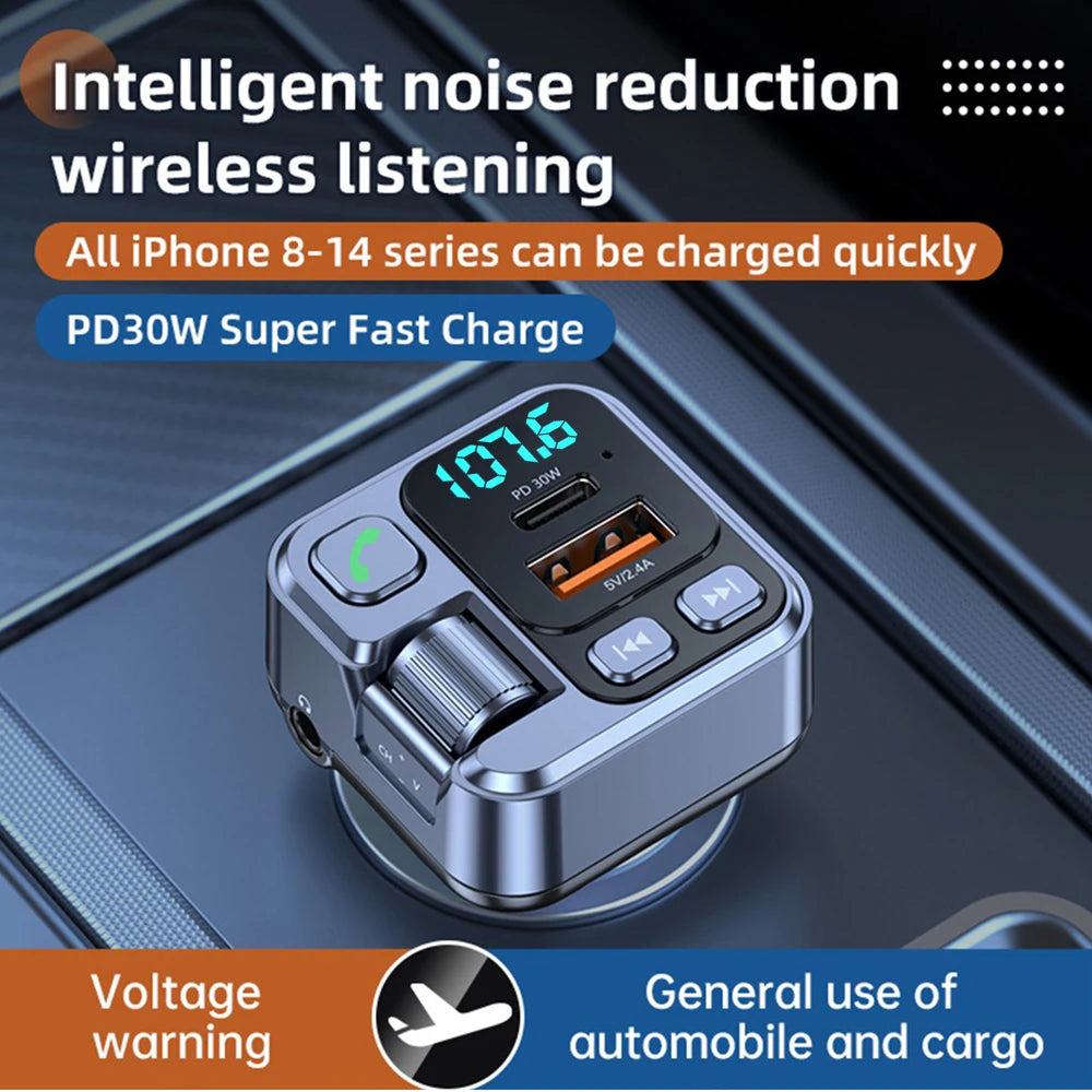Bluetooth 5.3 FM Transmitter - Car Charger with PD 30W Fast Charging & Digital Display