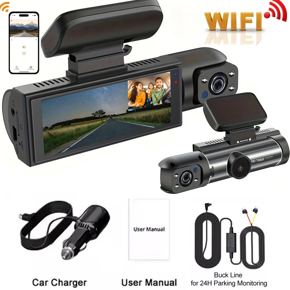 1080P Dual Dash Cam - Front & Inside View Car DVR with WiFi, Loop Recording & App Monitor