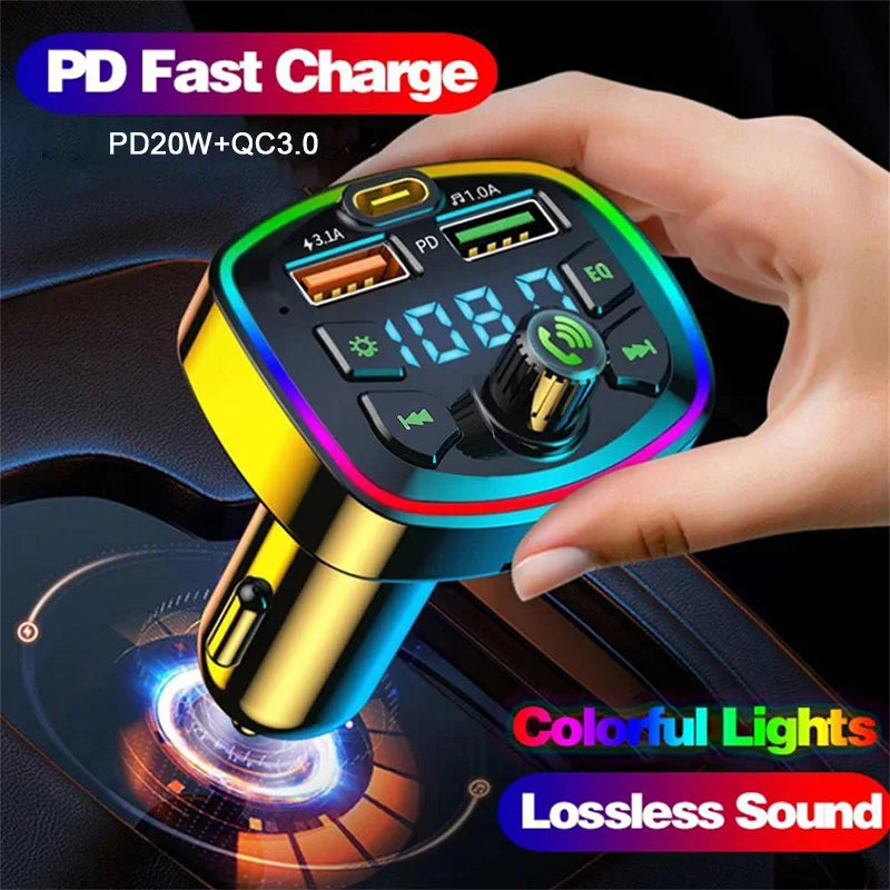 Bluetooth 5.0 FM Transmitter with Hands-Free Mic, Audio Receiver & Dual USB Fast Car Charger