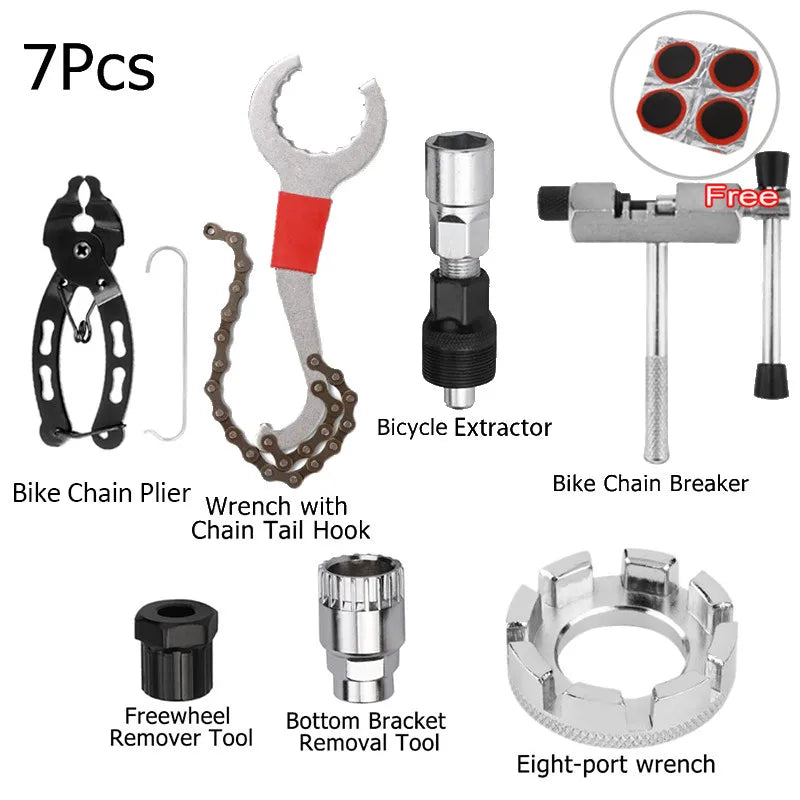 Bicycle Repair Tool Kit - Flywheel Remover, Chain Breaker, Crank Puller & Spoke Wrench for MTB & Road Bike Maintenance
