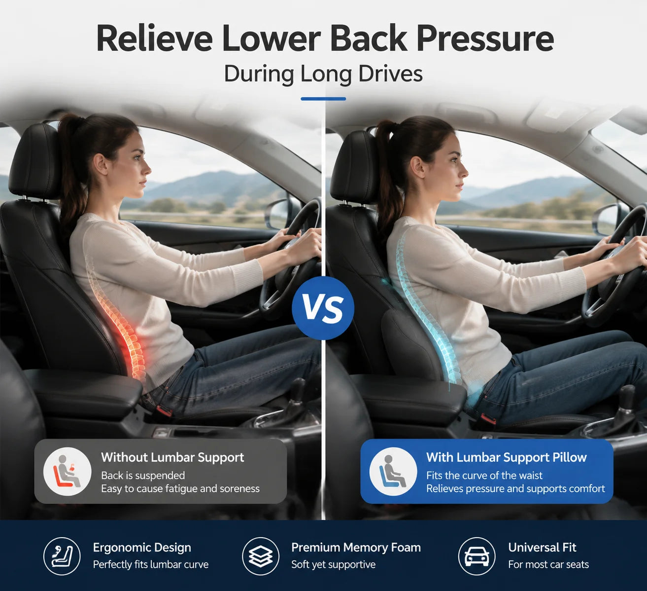 Memory Foam Car Lumbar Support Pillow – Ergonomic Back Cushion for Driving