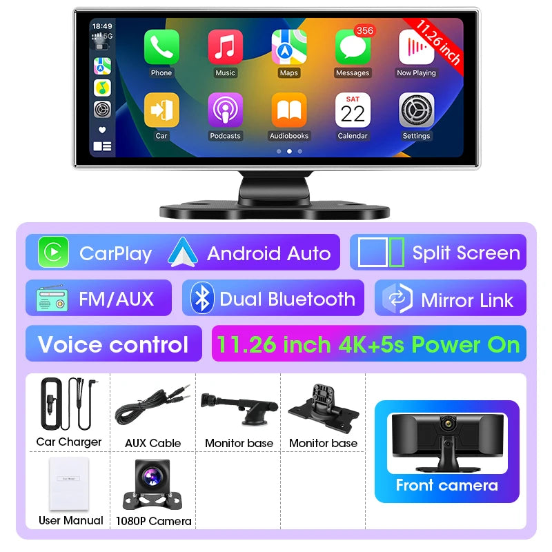 10"/11.26" 4K Dash Cam - Wireless CarPlay & Android Auto GPS Navigation, Dual Lens DVR with WiFi & FM