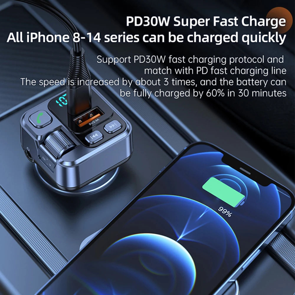 Bluetooth 5.3 FM Transmitter - Car Charger with PD 30W Fast Charging & Digital Display
