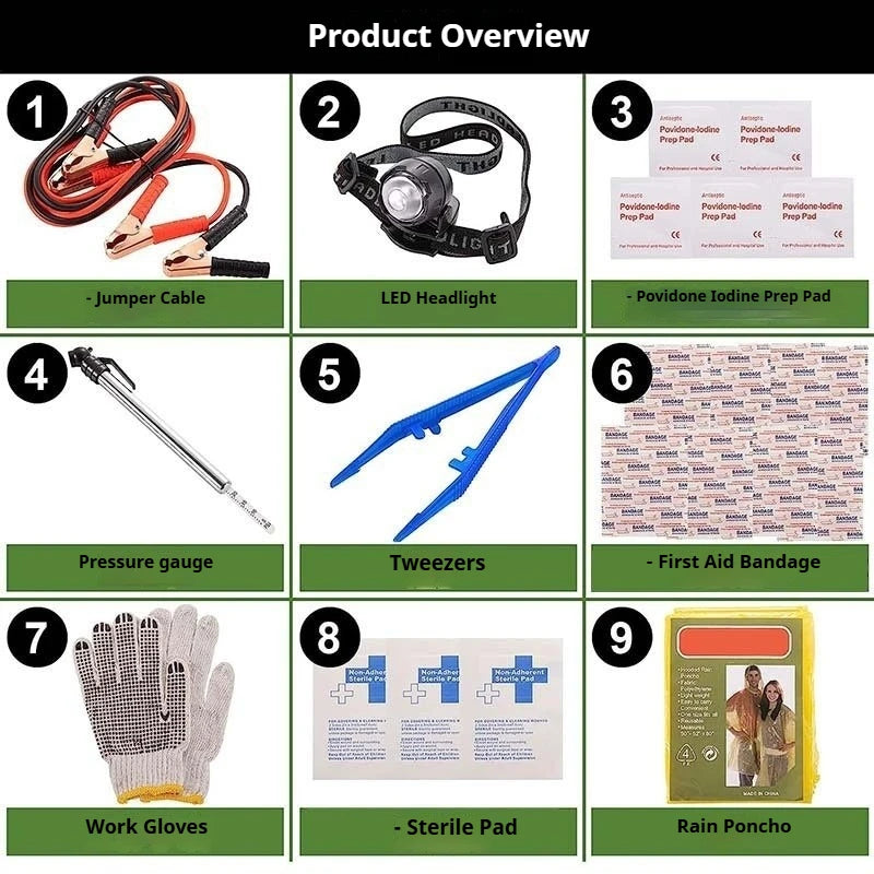Multi-Purpose Car Emergency Assistance Kit - Roadside First Aid Bag