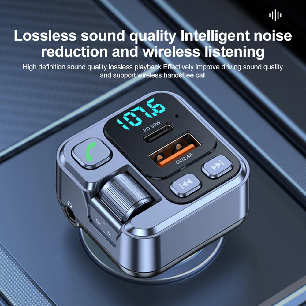 Bluetooth 5.3 FM Transmitter - Car Charger with PD 30W Fast Charging & Digital Display