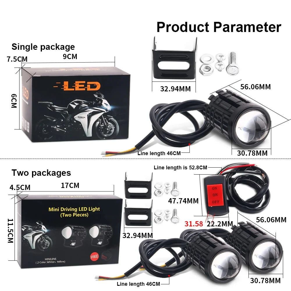 Motorcycle LED Mini Projector Headlight - Dual Color Fog Light Spotlight