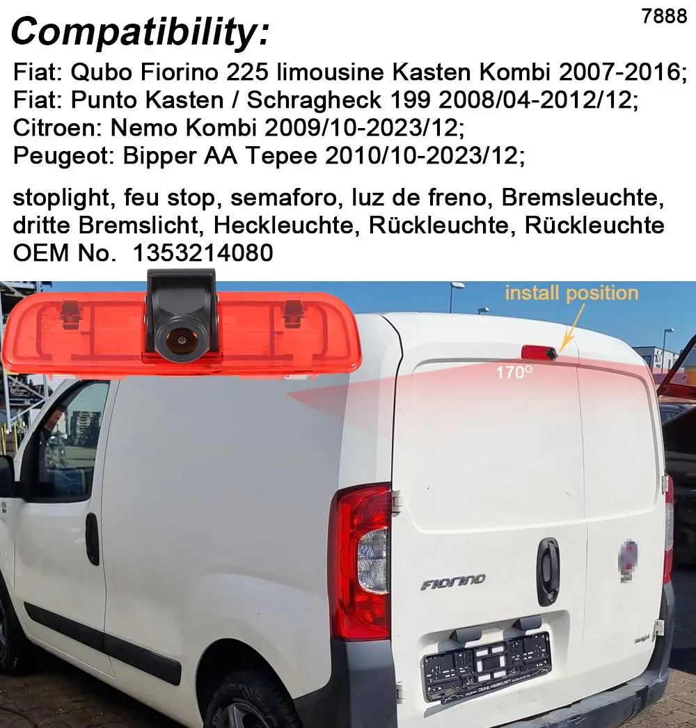 HD Reverse Backup Camera for Fiat Qubo, Fiorino 225, Punto / Citroen Nemo Kombi / Peugeot Bipper, AA, Tepee