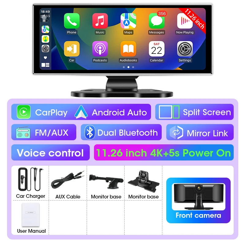 10"/11.26" 4K Dash Cam - Wireless CarPlay & Android Auto GPS Navigation, Dual Lens DVR with WiFi & FM