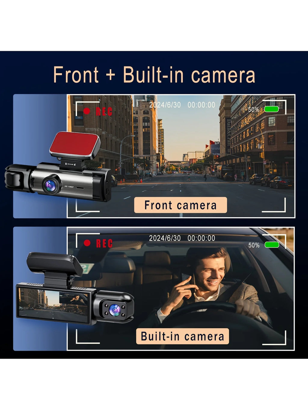 Dual Dash Cam - Front 1080P & Inside 720P with IR Night Vision, Loop Recording & Wide Angle Lens