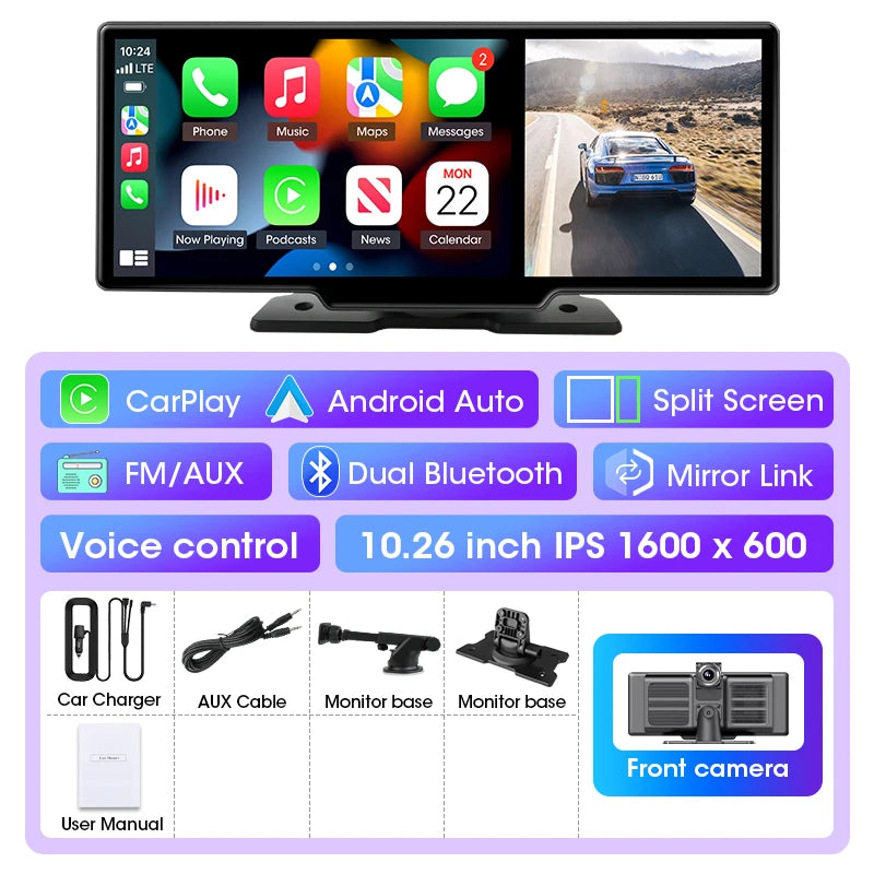 10"/11.26" 4K Dash Cam - Wireless CarPlay & Android Auto GPS Navigation, Dual Lens DVR with WiFi & FM