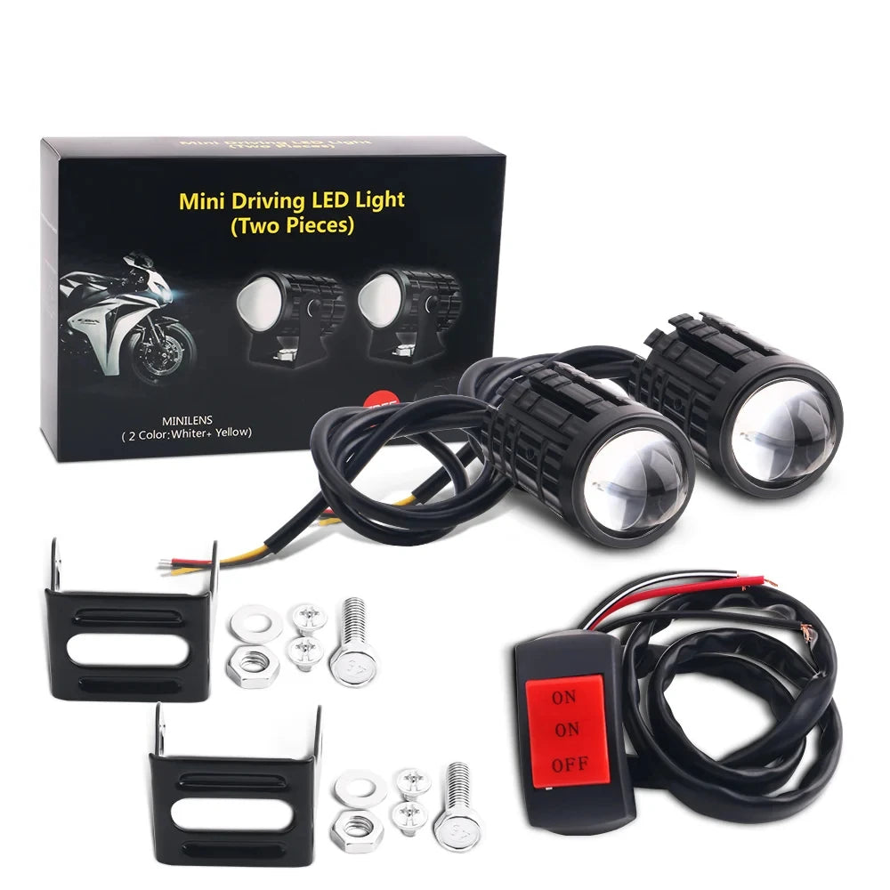 Motorcycle LED Mini Projector Headlight - Dual Color Fog Light Spotlight