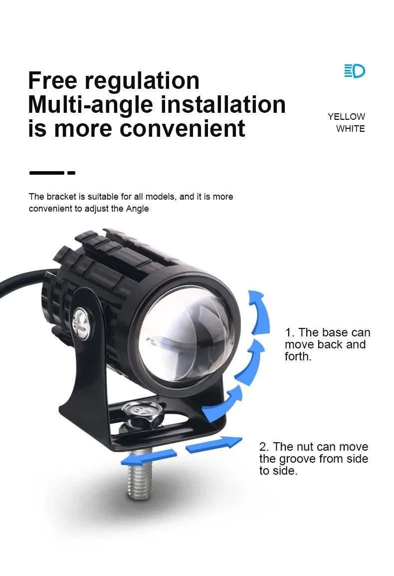 Motorcycle LED Mini Projector Headlight - Dual Color Fog Light Spotlight