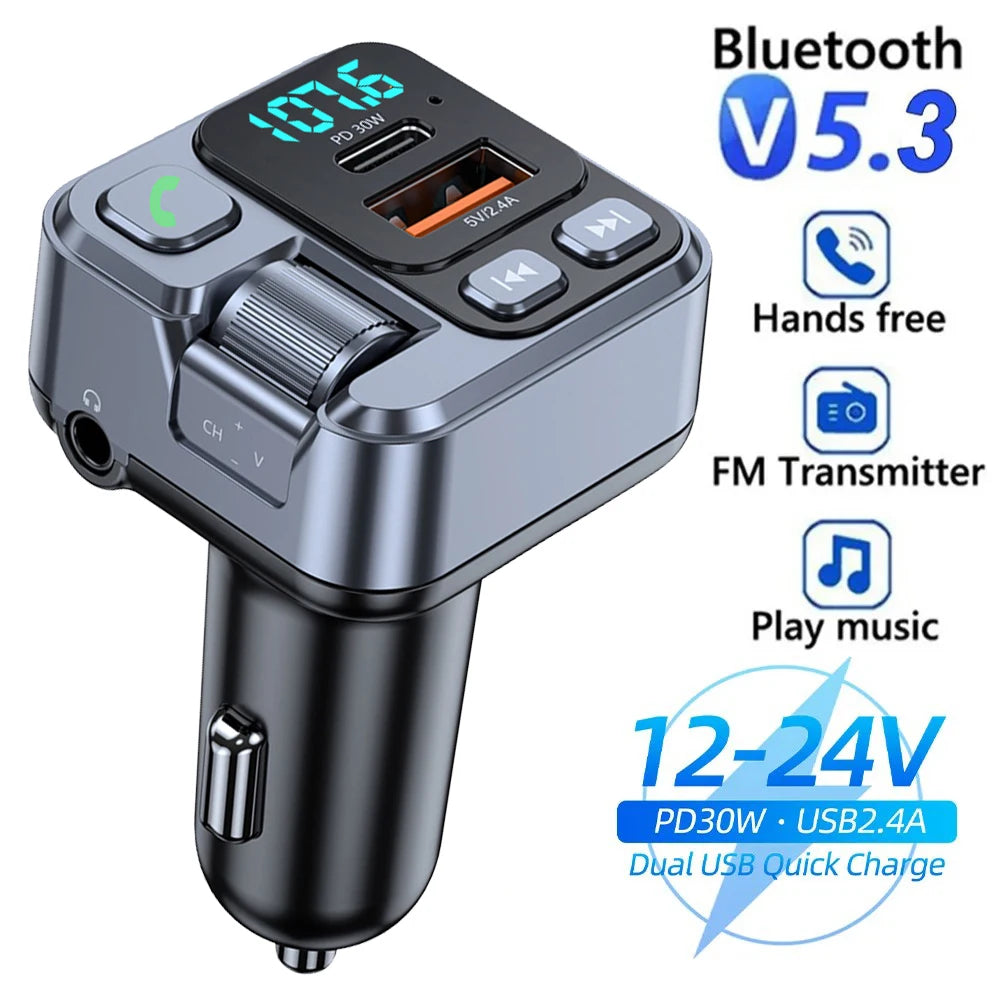 Bluetooth 5.3 FM Transmitter - Car Charger with PD 30W Fast Charging & Digital Display